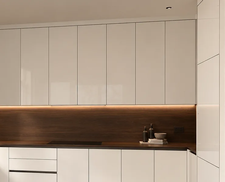 Detail of white kitchen cabinets with lighting